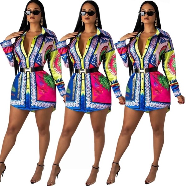Stylish Colorful Printing Polo Collar Women Shirt E8224