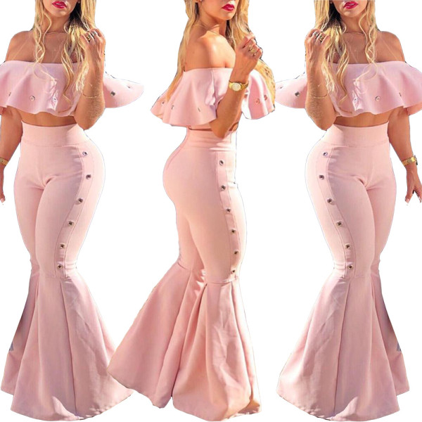 Ruffle Flat Shoulder Crop Top Pink High Waist Flares Pants BN9194