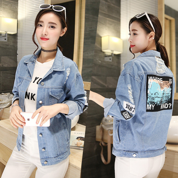 Denim jacket slim jacket tide beggar hole letter stickers WWY7522