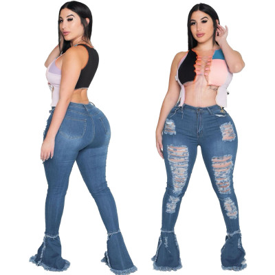 Fashion all-match fat MM washed hole stitching micro flared pants SMR2345