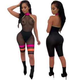 Factory Price Mesh Patchwork Halter Neck Mid Jumpsuit F8200