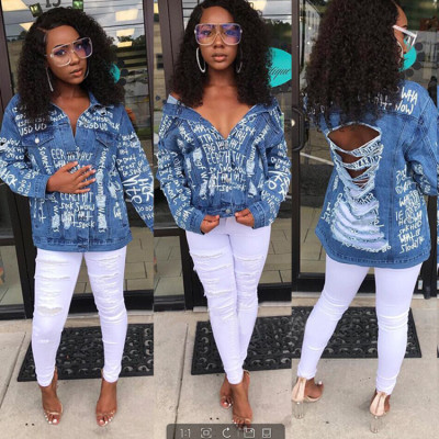 Letters Printing Casual Women Autumn Denim Jacket F8156