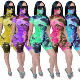 Fashion Coloring Printed Short Sleeves Bodycon Jumpsuit (Including Mask) LA3189