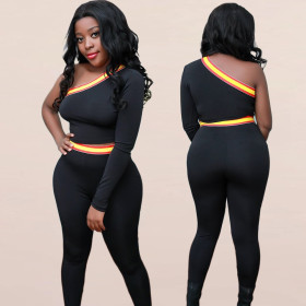 Sexy women's oblique shoulder asymmetric one-sleeve two-piece suit SH7130