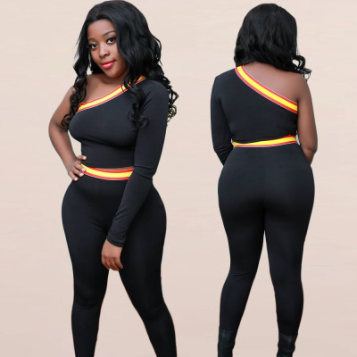 Sexy women's oblique shoulder asymmetric one-sleeve two-piece suit SH7130
