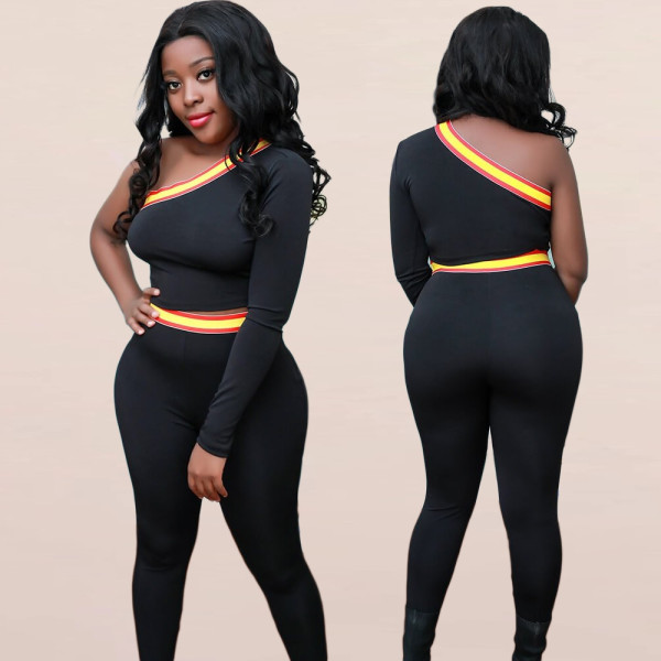 Sexy women's oblique shoulder asymmetric one-sleeve two-piece suit SH7130