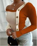 Autumn Knitting Stitching Button One Shoulder Long Sleeves Mini Top ST20209