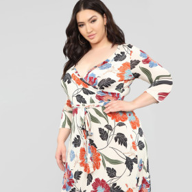 Flower printed V-neck tight long dress OSS19239