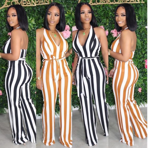 Deep V hanging neck halter print sexy casual with belt jumpsuit MH5006