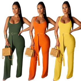Ribber Zipper Plain Color Belted Sleeveless Jumpsuit YT3157
