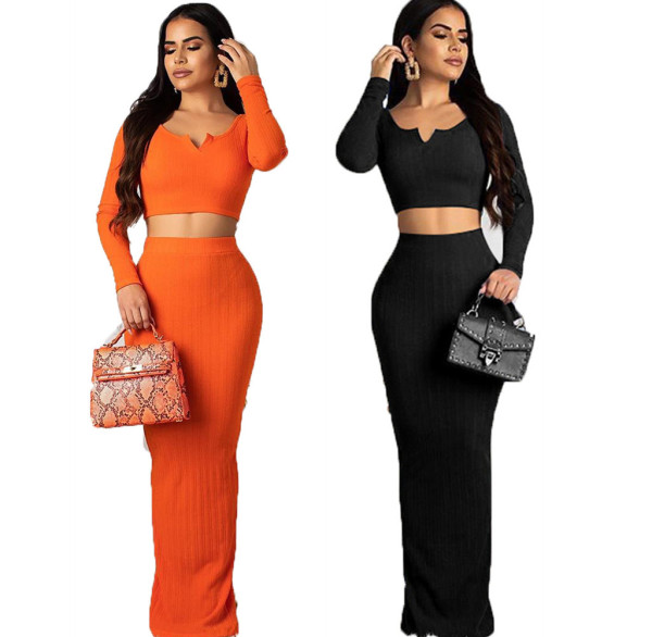 Ribber Solid Color Casual Slim Suits Crop Top Split Long Skirt OMM1086