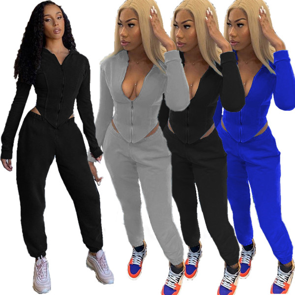 Fashion Solid Color Zipper Long Sleeves Hooded Cardigan With Trousers Two Piece Set MN8318