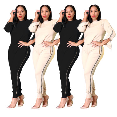 Black/Khaki Unique Lady Two Pieces Zip Up Slim Fitting Tracksuits JH 126