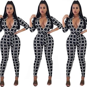Hot Sale Plaid Deep V Collar Bodycon Jumpsuit With Belt E8158