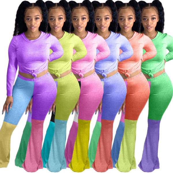 Positioning printing contrast color skinny big flared pants casual two-piece suit ARM8217