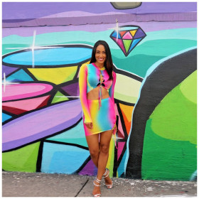 Trendy Iridescent Bandage Skirt Suits Crop Top Wrap Dress ORY5051
