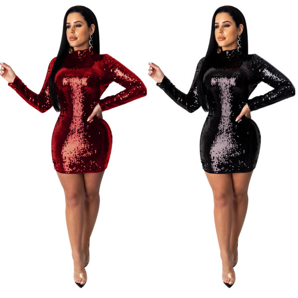 Sexy sequins open back long sleeve dress nightclub K8877