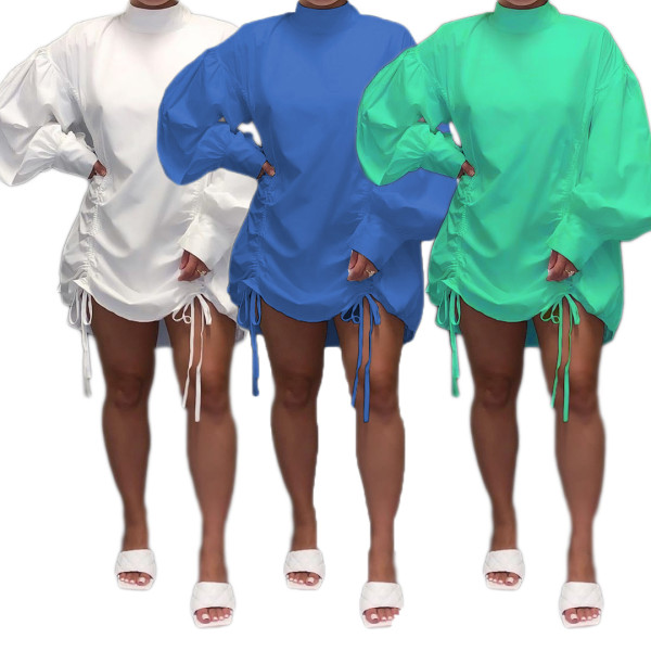 Fashion Solid Color Round Neck Puff Sleeves Drawstring Loose Mini Dress N8002