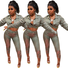 Print Crop Shirt Slim Leggings Two Pieces Sets Q205