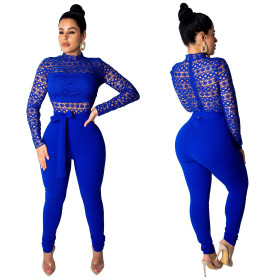 Sexy Blue Long Sleeves Mesh Slim Jumpsuits LA3082