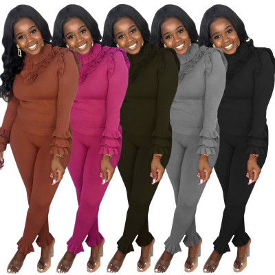 Women Solid Color Long Sleeves Ruffled Skinny Club Party Outfits SY8407