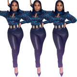 Printed High Neck Long Sleeve Open Front Club Blouse Tops ZH5162