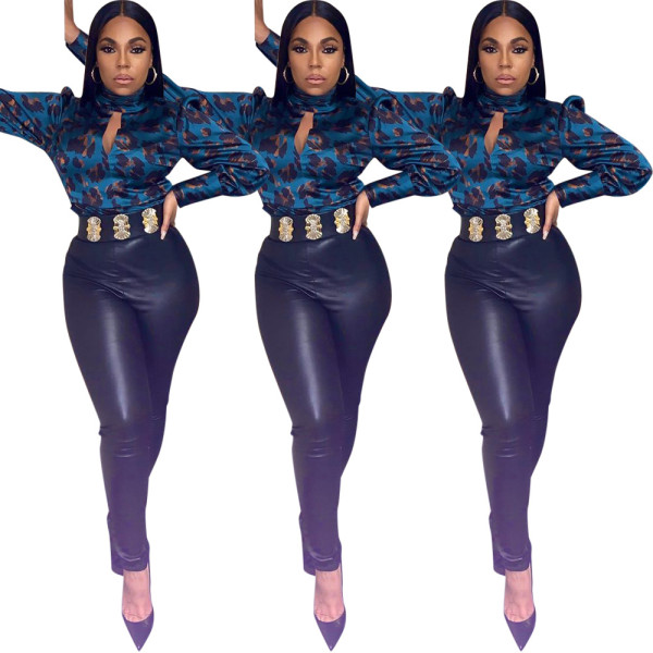Printed High Neck Long Sleeve Open Front Club Blouse Tops ZH5162