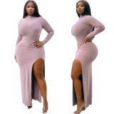 Euramerican Pink Women Round Collar High Split Long Dress BBN035