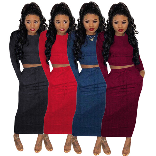 Plus Size Warm Solid Sets Long Sleeve Knitwear Ankle Length Skirt H1258