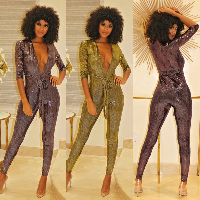 Deep V Neck Glitter Sequins Skinny Jumpsuits With Belt K8666