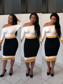 Off Shoulder Colorblock Pencil Dress QQ5061