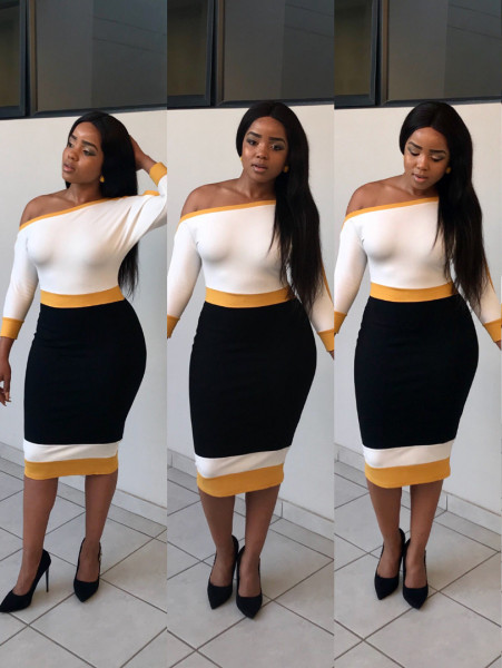 Off Shoulder Colorblock Pencil Dress QQ5061