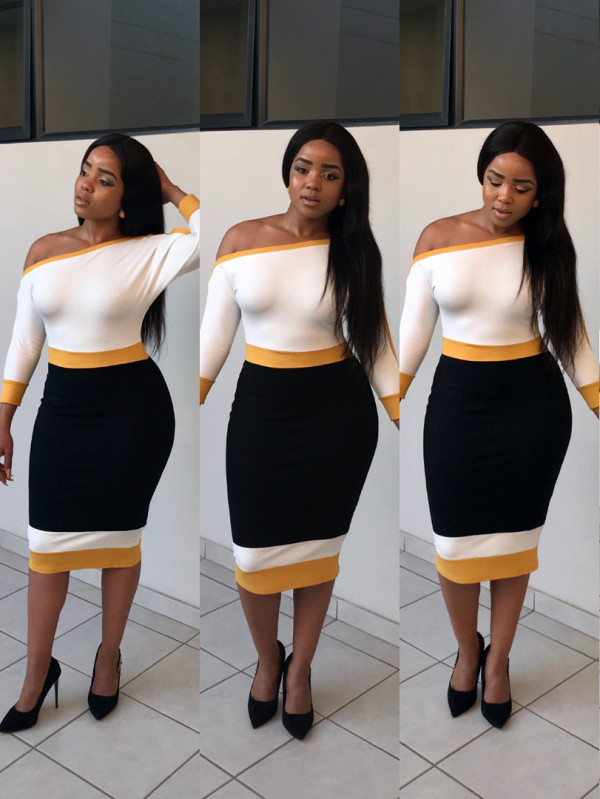 Off Shoulder Colorblock Pencil Dress QQ5061
