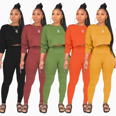 Casual Plain Color Autumn Suits Crop Top Skinny Pants WY6622