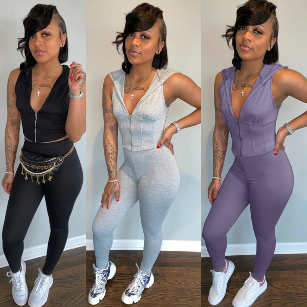 Fashion Elements Zipper Waist Vest Hooded Pants Set HR8101
