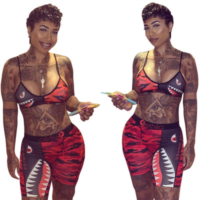 Camouflage Printing Suits Bandage Bra Top Bodycon Shorts LS6222