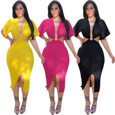 Factory Price Irregular Solid Clubwear Deep V Collar Bodycon Dress LM021