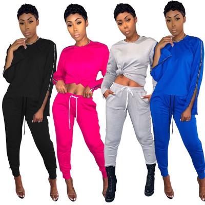 Personality Solid Color Two-Piece Zipper Running Outfits TRS999