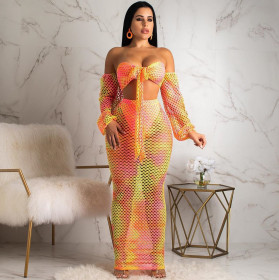 Sexy Mesh Women Suits Strapless Top Long Skirt LD8357
