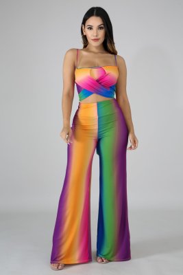 Spaghetti Strap Tank Top Wide Leg Jumpsuit Colorful Sets MD174