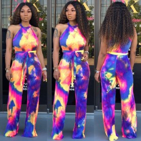 Printing Mid Waist Sleeveless Jumpsuit With Belt YT3138
