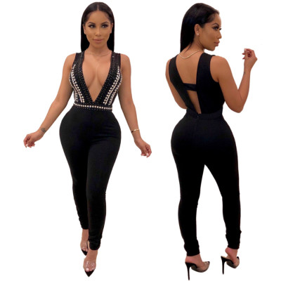 Sexy Sleeveless Rhinestone Deep V Collar Tight Jumpsuit QZ4059