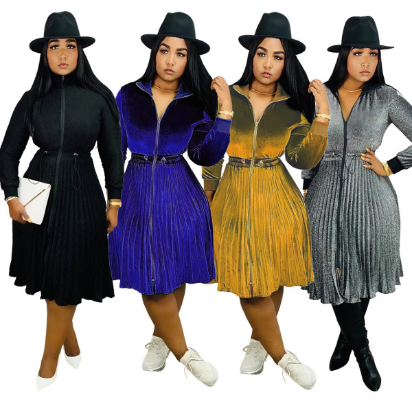 Stylish New Women Long Sleeves Zipper Pure Color Pleated Midi Dress Q411