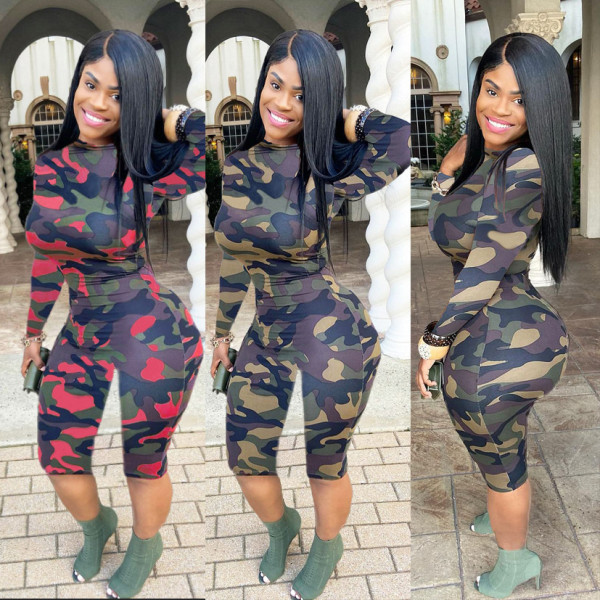 Sexy bag hip round neck long sleeve camouflage jumpsuit LM8196