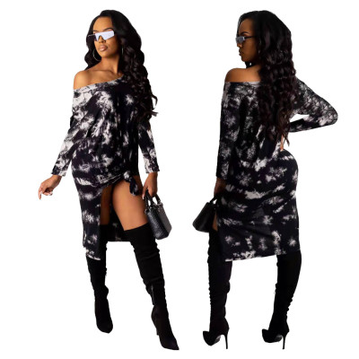 Cheap Female Oblique Shoulder Printed Split Comfy Dress MN8076