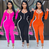 Sexy Contrast Zipper U-Neck Long Sleeves Bodycon Jumpsuit TK6120