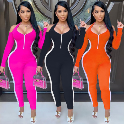 Sexy Contrast Zipper U-Neck Long Sleeves Bodycon Jumpsuit TK6120