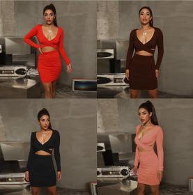 Sexy hollow bag hip skirt long sleeve pleated dress ZY1598