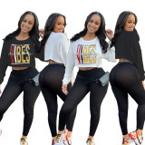 White/Black Letters Printing Long Sleeves Crop Top LY5105