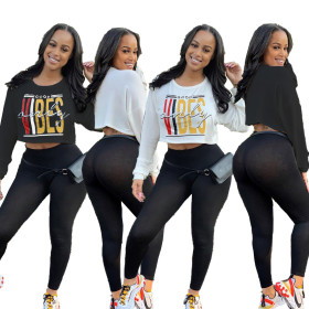White/Black Letters Printing Long Sleeves Crop Top LY5105